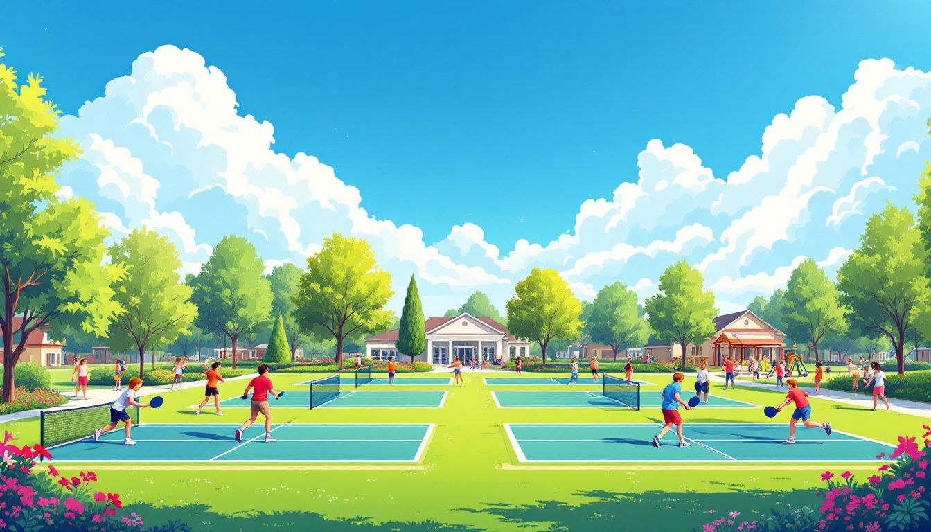 A scenic view of a city park featuring pickleball courts.